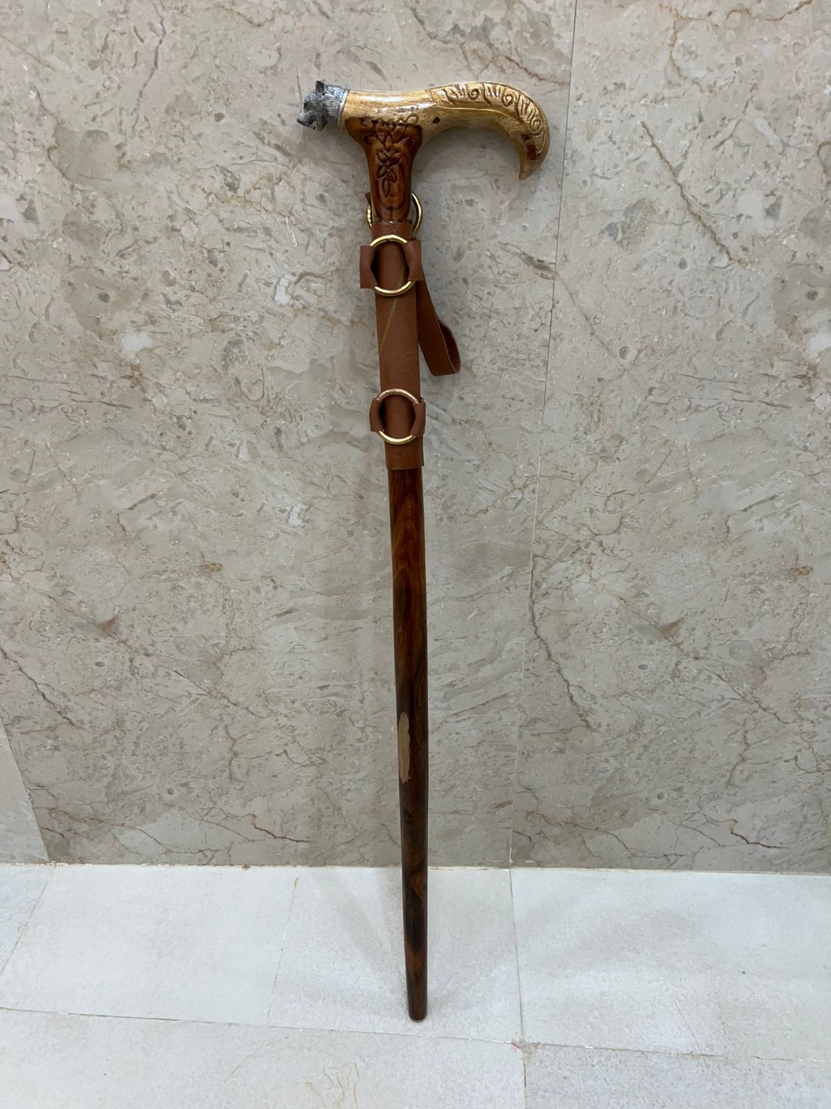 Wooden Walking Camping Stick Leather Design Classic Natural Wood Finish With Rustic