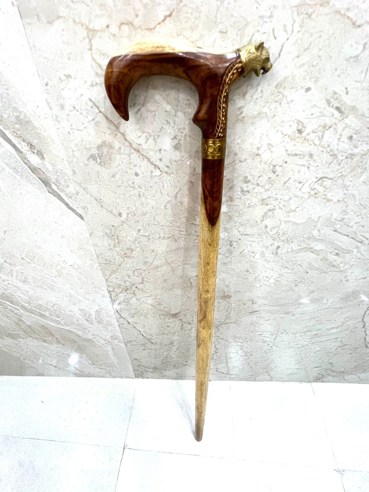 Wooden Walking Hiking Carving Stick Hand-Carved Loin Designs For a Unique Rustic Aesthetic