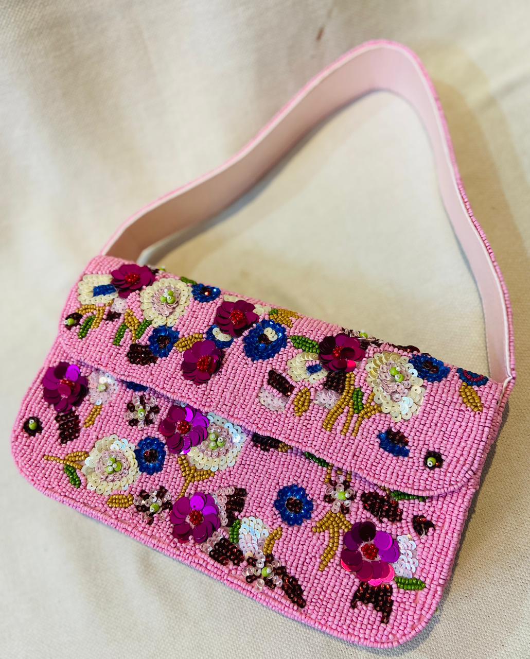 Embroidered Purse Clutch Features a Vibrant Floral Design With Colorful Beads