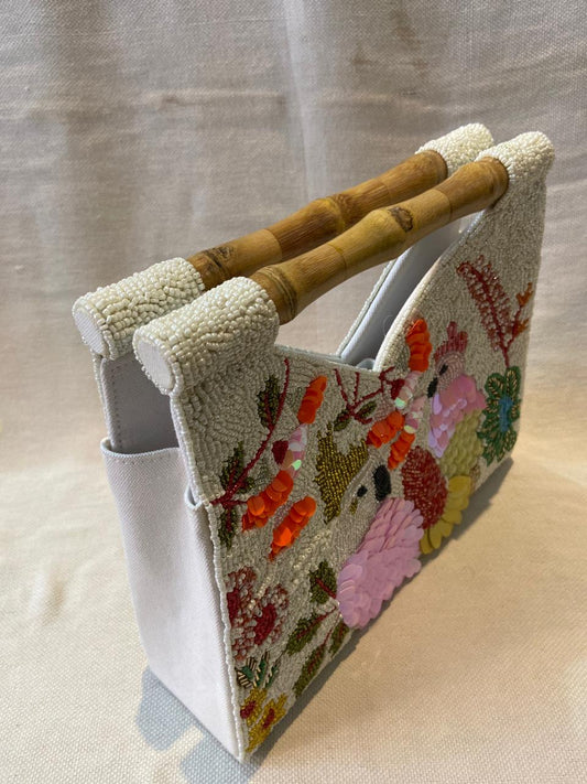 Beaded Toucans Clutch Purse With Bamboo Handle