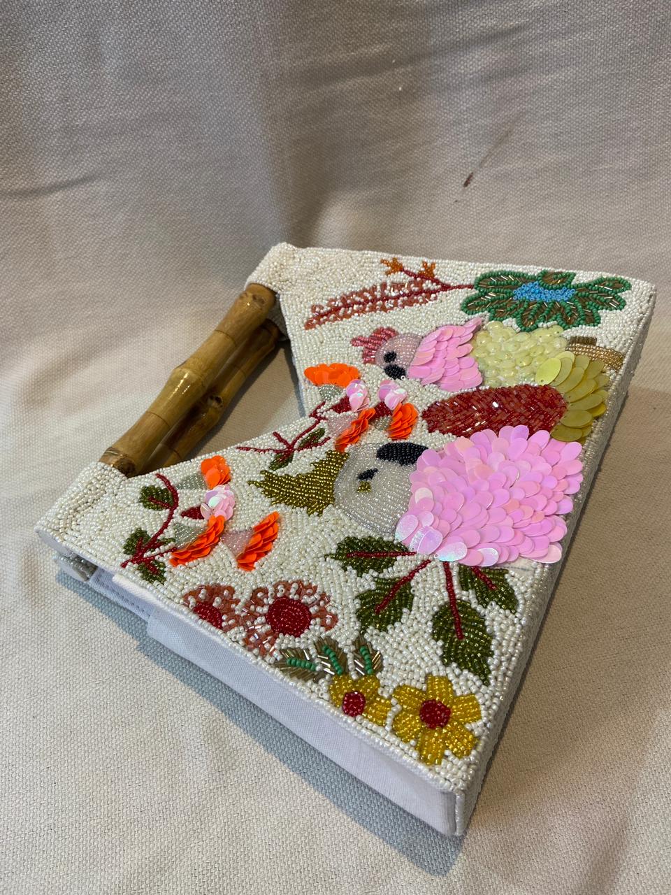 Beaded Toucans Clutch Purse With Bamboo Handle