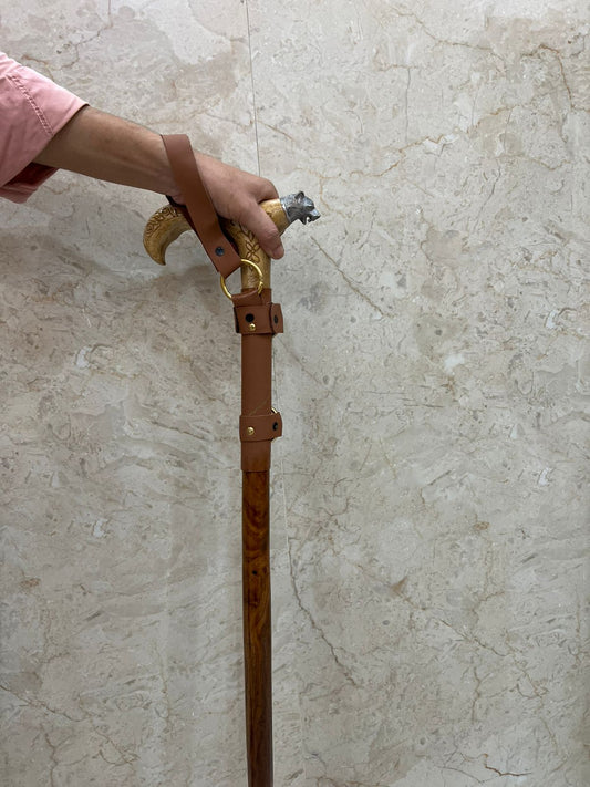 Wooden Walking Camping Stick Leather Design Classic Natural Wood Finish With Rustic