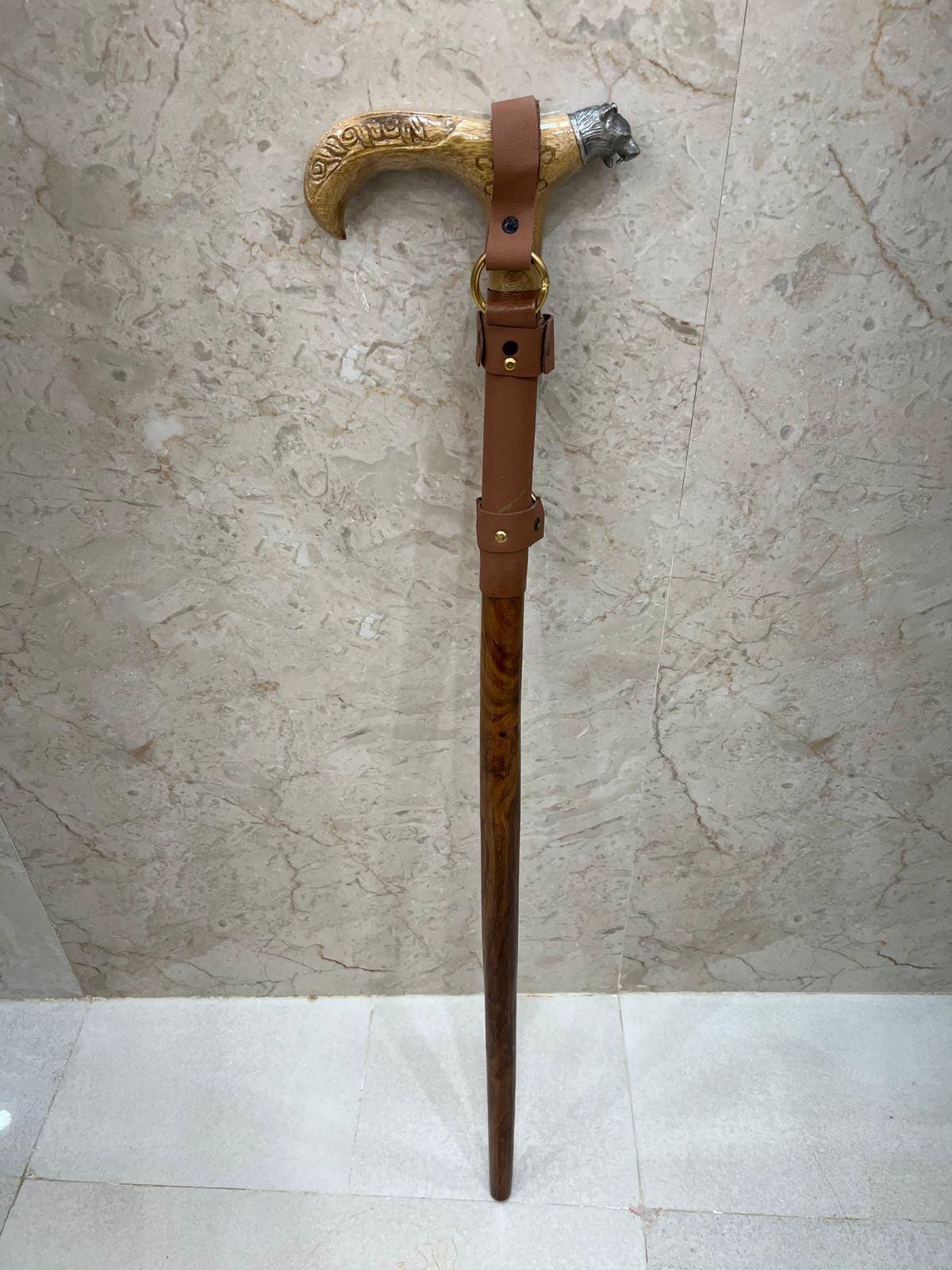 Wooden Walking Camping Stick Leather Design Classic Natural Wood Finish With Rustic