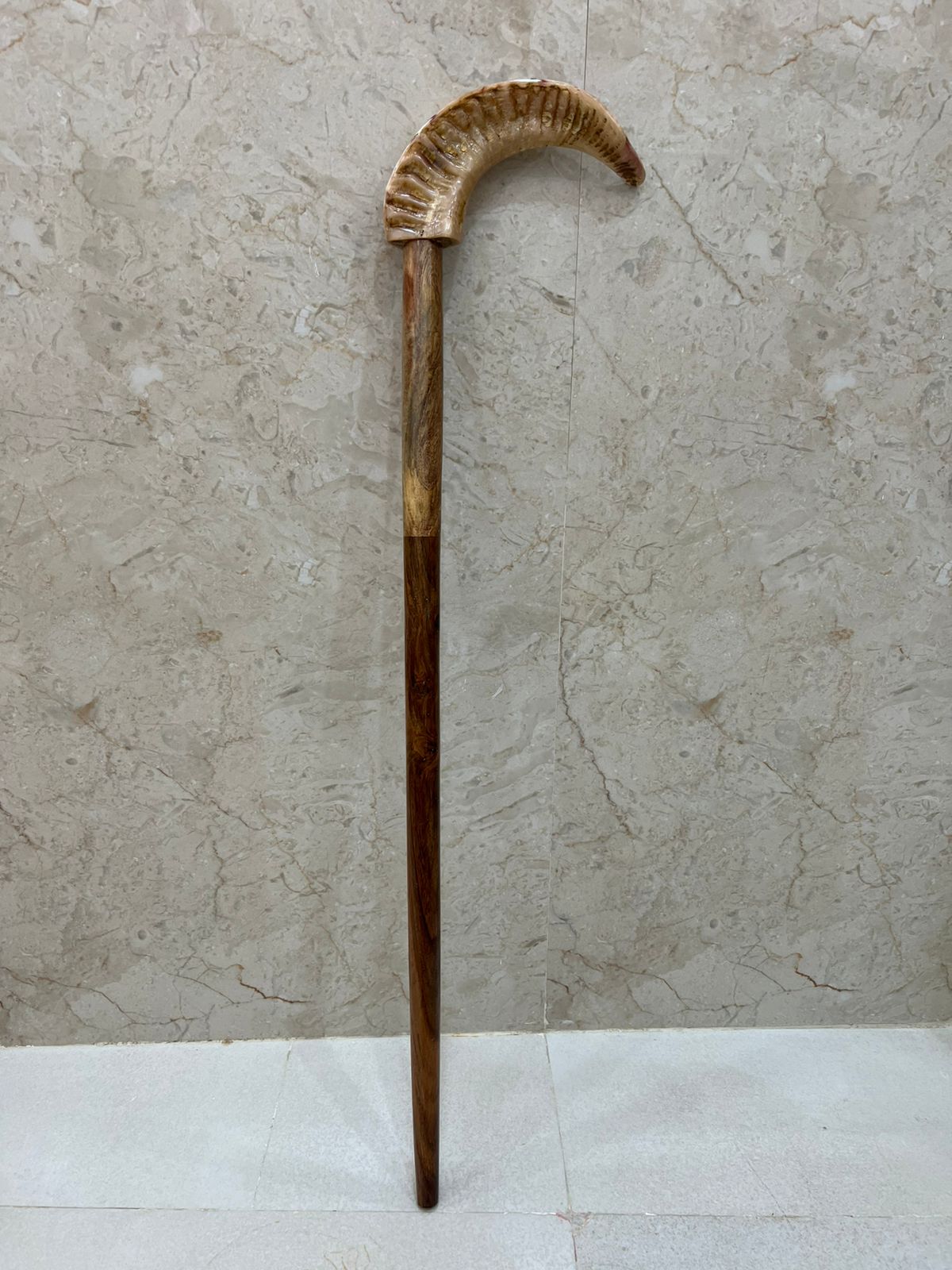Wooden And Buffalo Horn Walking Stick With Its Unique Blend Of Rustic Wood And Smooth Horn