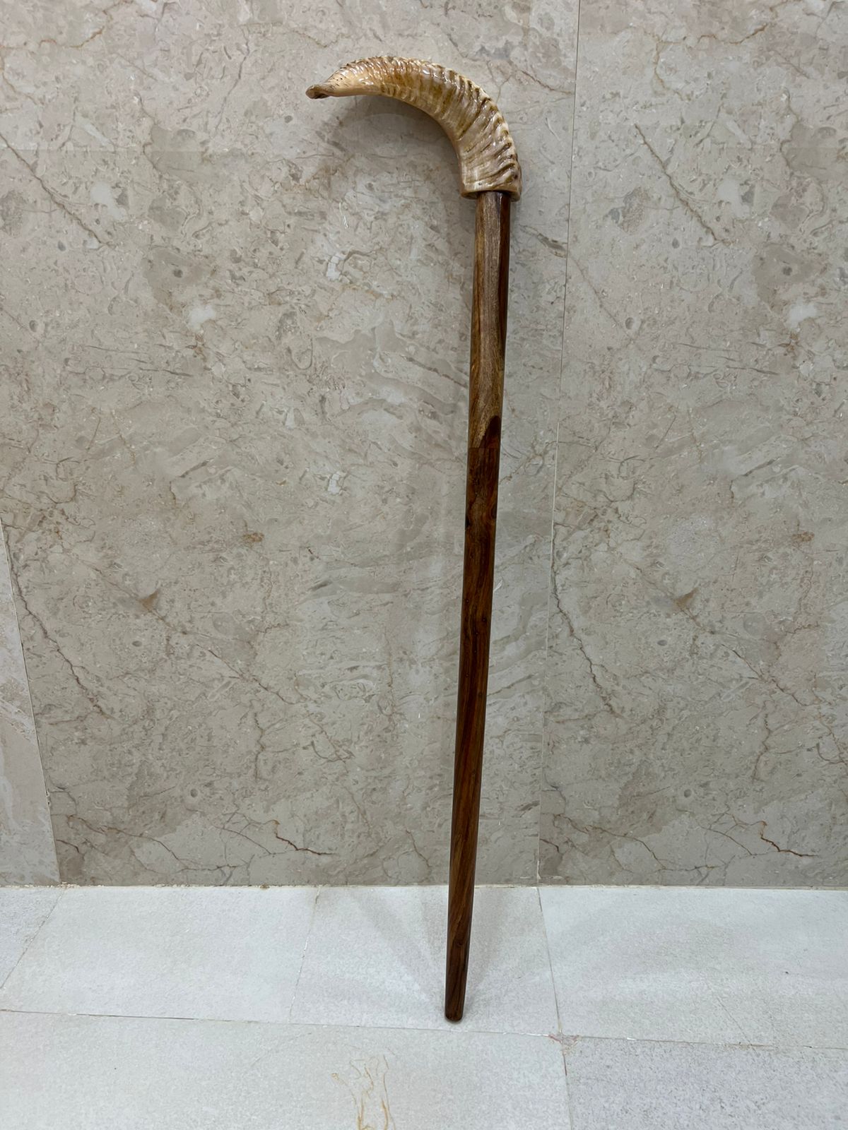 Wooden And Buffalo Horn Walking Stick With Its Unique Blend Of Rustic Wood And Smooth Horn