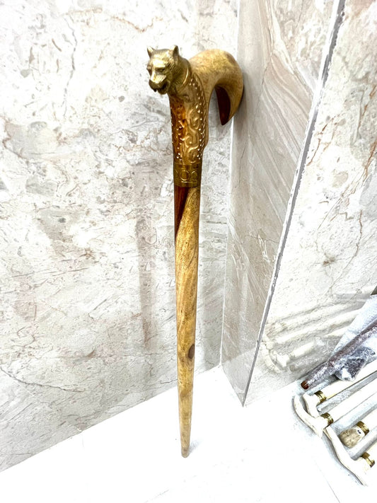 Wooden Walking Hiking Carving Stick Hand-Carved Loin Designs For a Unique Rustic Aesthetic