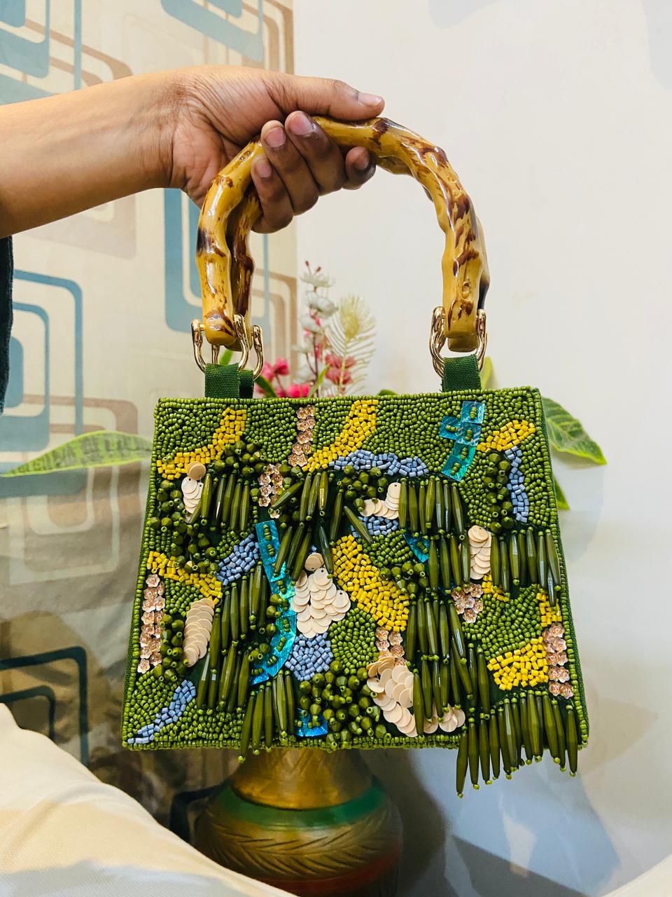 Green Handcrafted Beaded Handbag and Bamboo Style Handle
