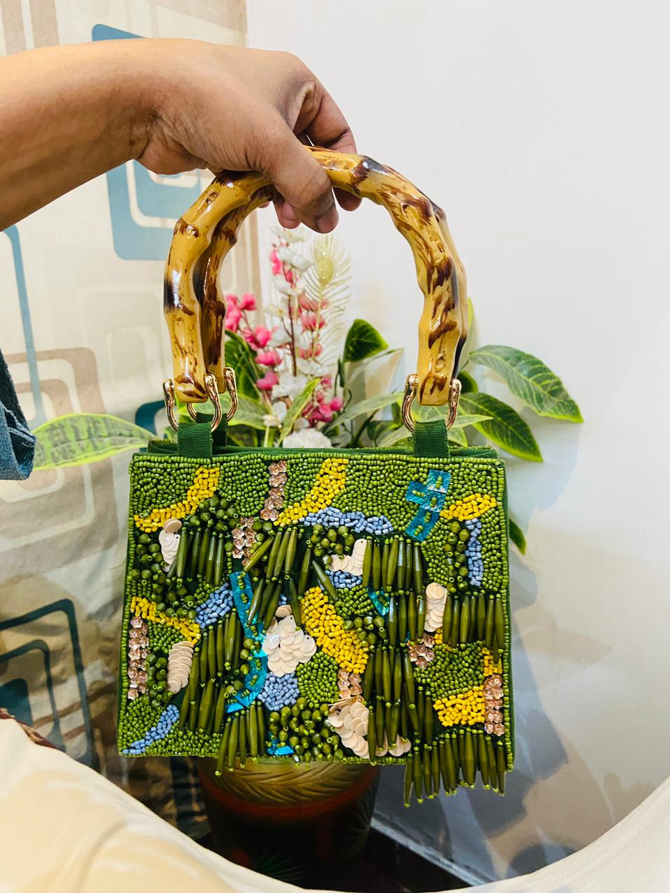 Green Handcrafted Beaded Handbag and Bamboo Style Handle
