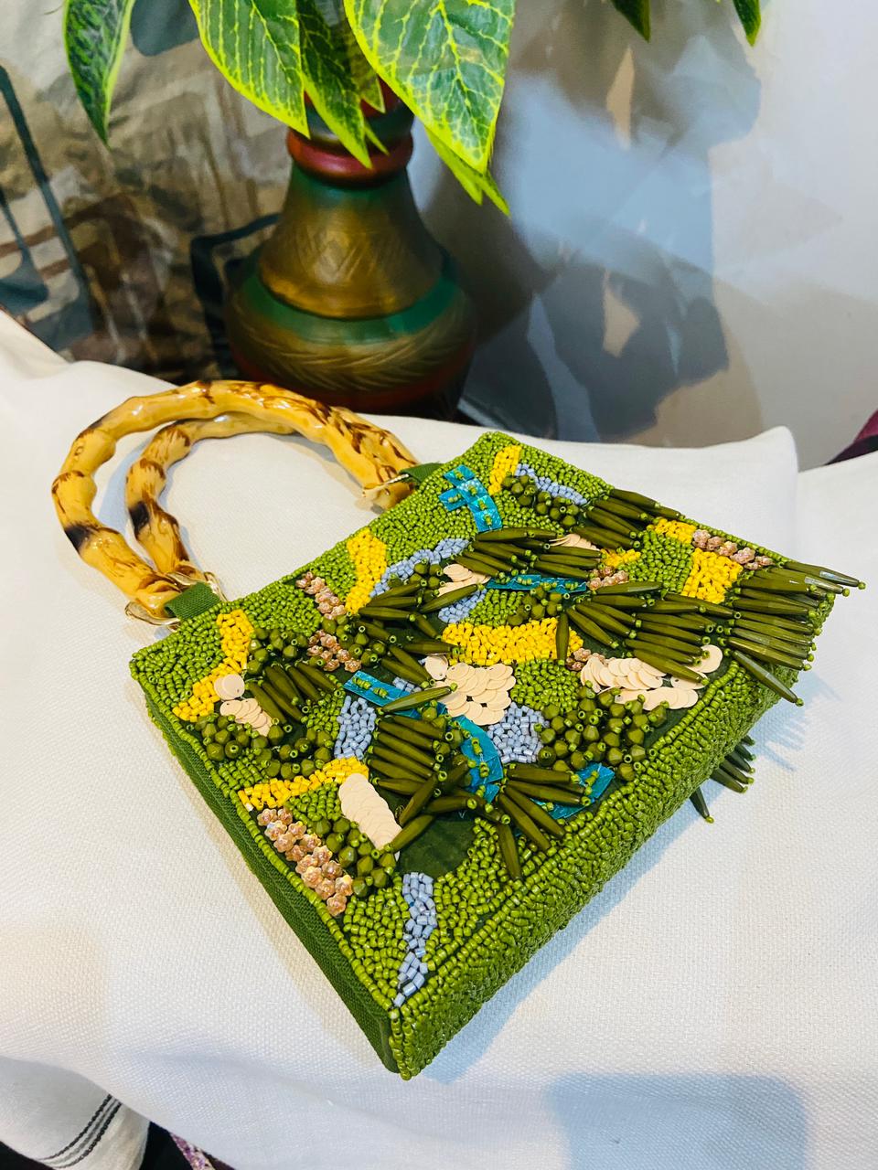 Green Handcrafted Beaded Handbag and Bamboo Style Handle