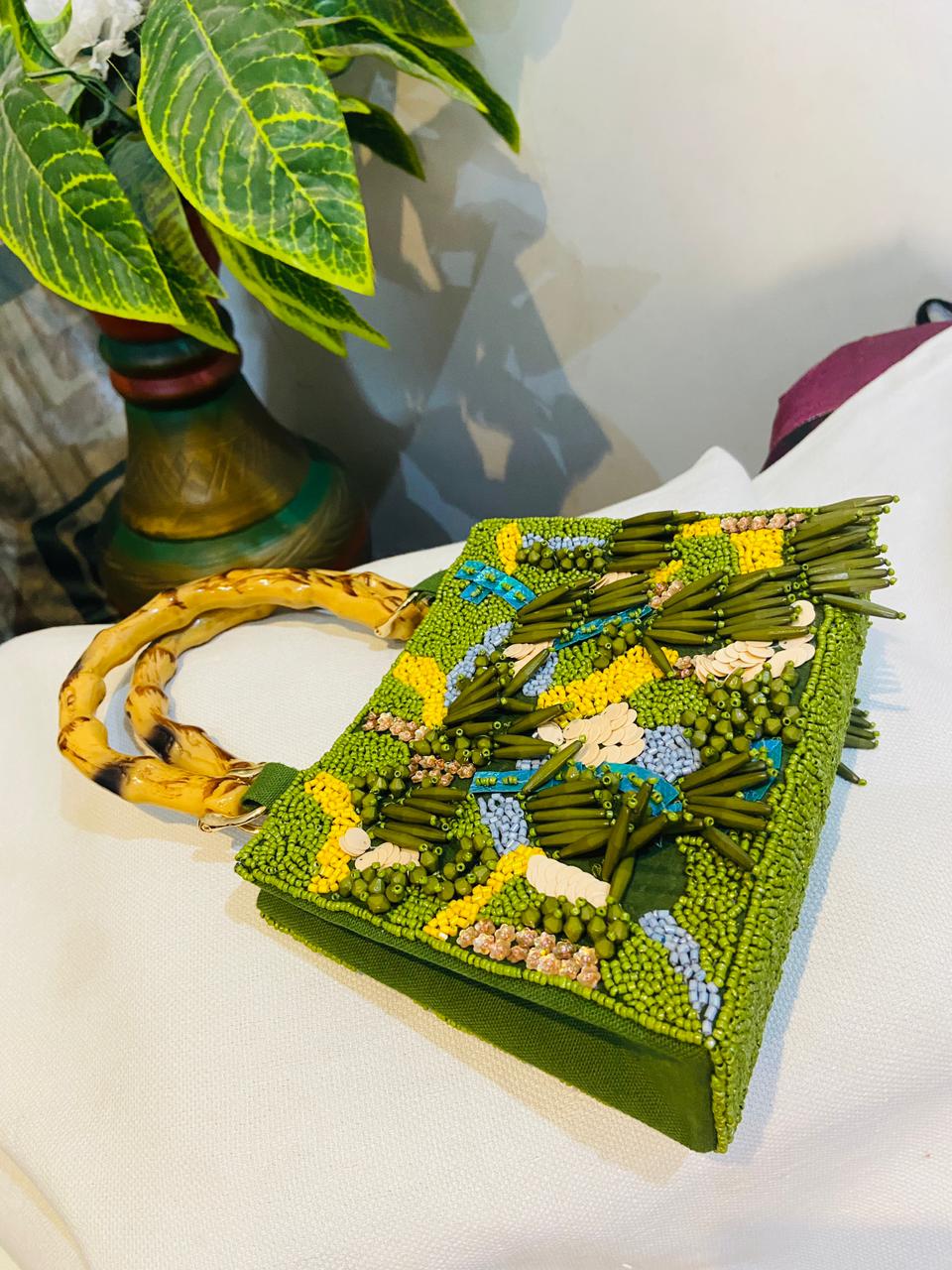 Green Handcrafted Beaded Handbag and Bamboo Style Handle