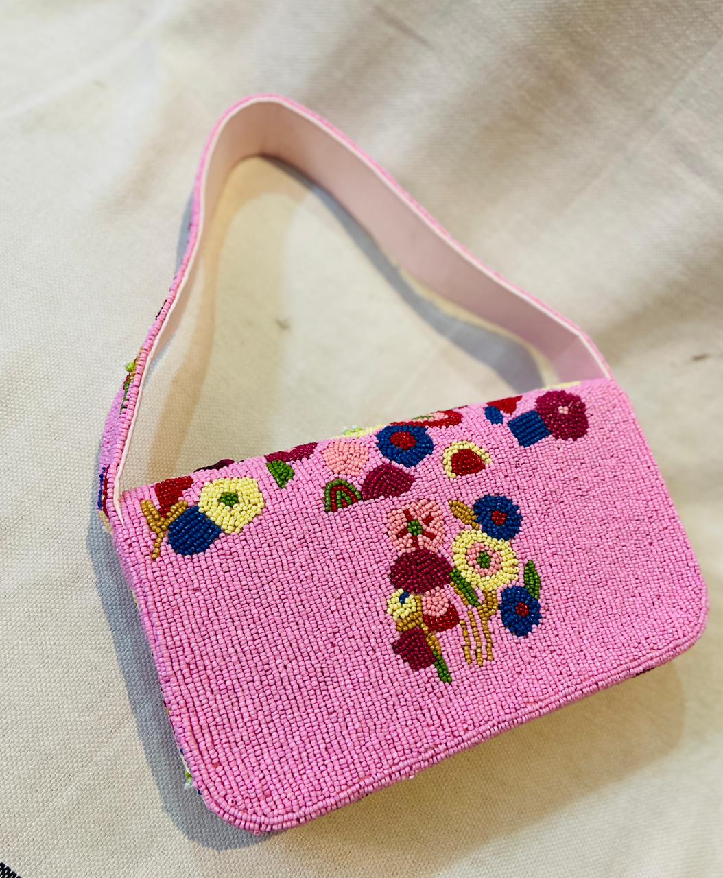 Embroidered Purse Clutch Features a Vibrant Floral Design With Colorful Beads