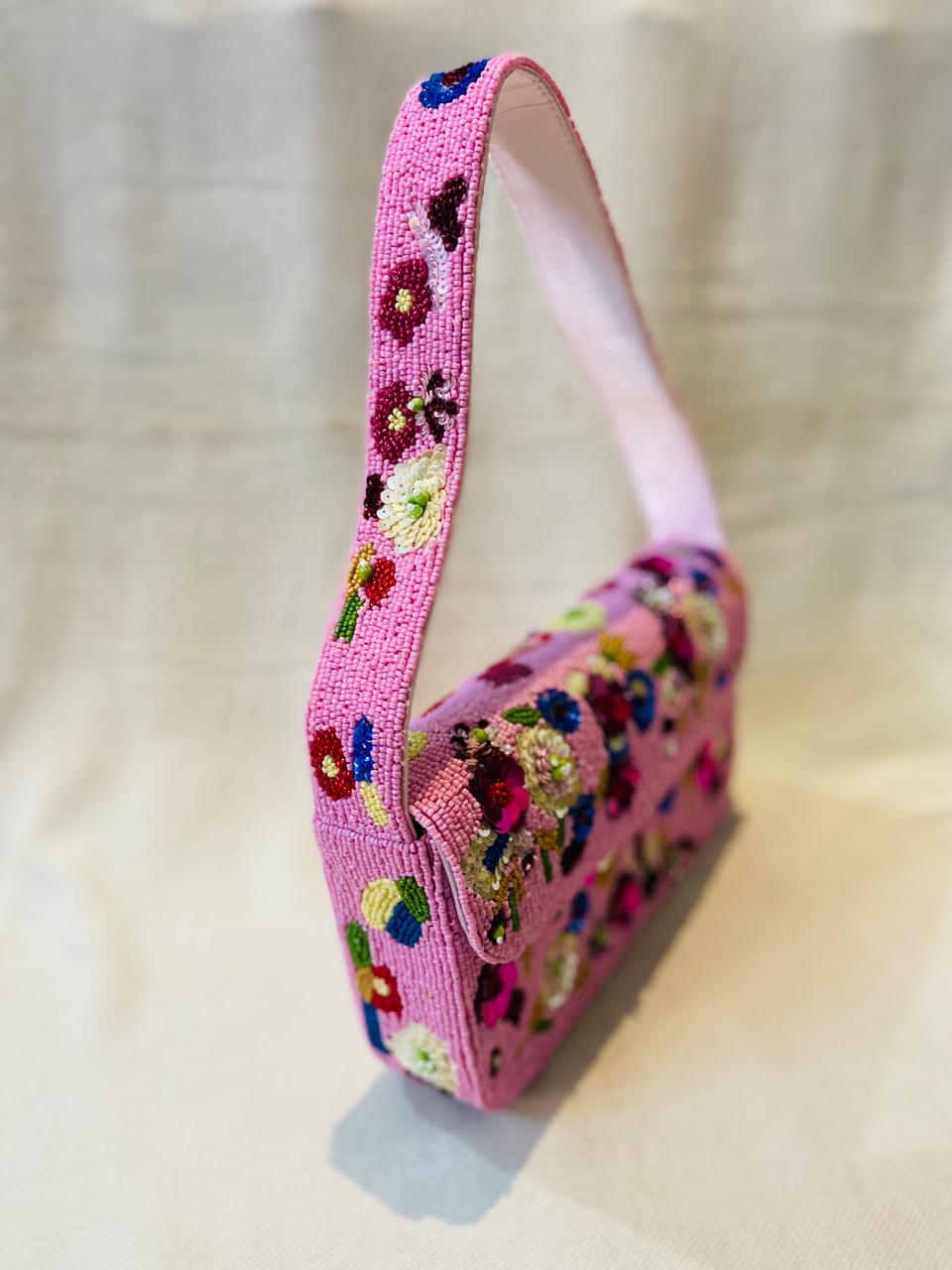Embroidered Purse Clutch Features a Vibrant Floral Design With Colorful Beads