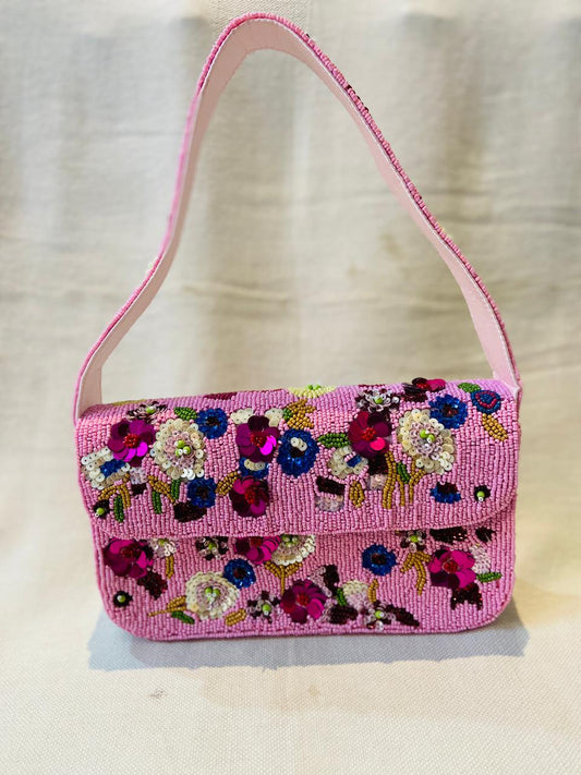 Embroidered Purse Clutch Features a Vibrant Floral Design With Colorful Beads