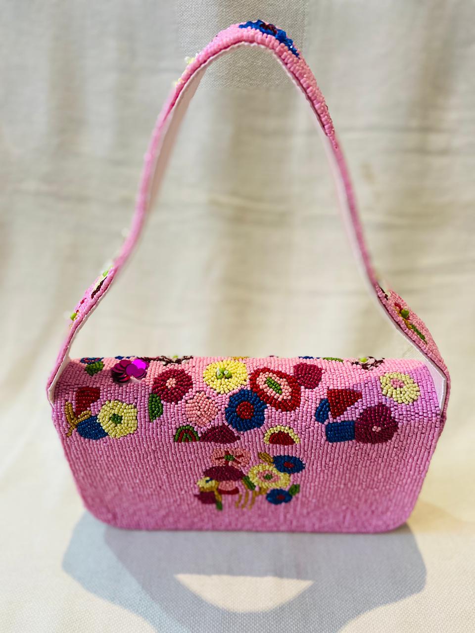 Embroidered Purse Clutch Features a Vibrant Floral Design With Colorful Beads