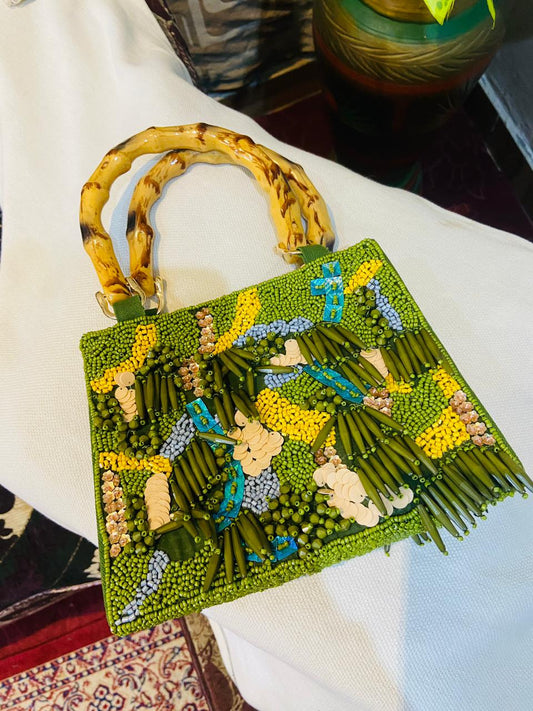 Green Handcrafted Beaded Handbag and Bamboo Style Handle