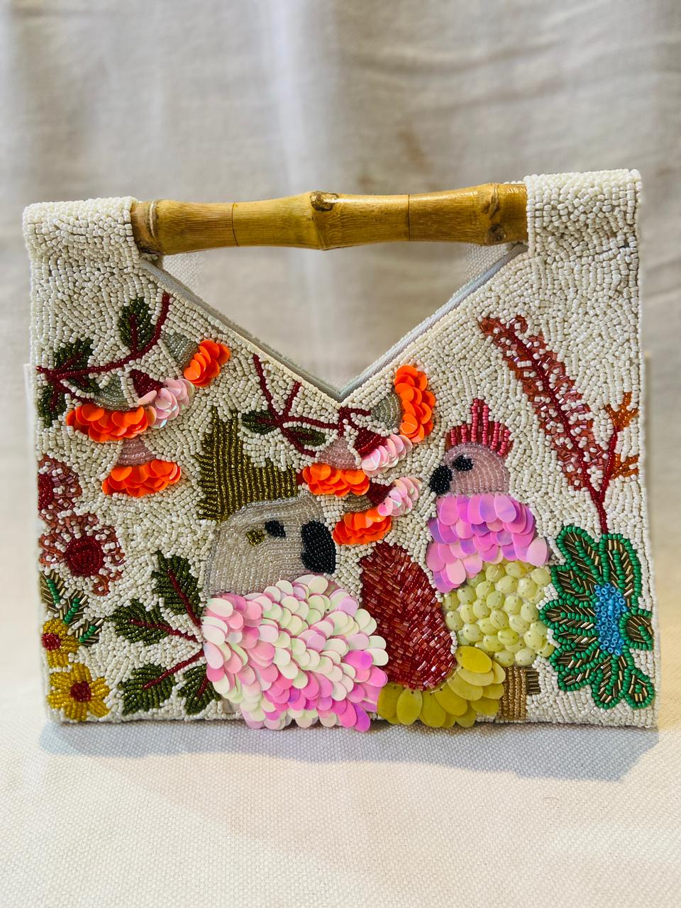 Beaded Toucans Clutch Purse With Bamboo Handle